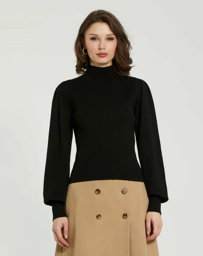 Women Knitwear Mac Duggal Black Ribbed Knit Balloon Sleeve Turtle Neck Sweater 8211 FINAL SALE Black