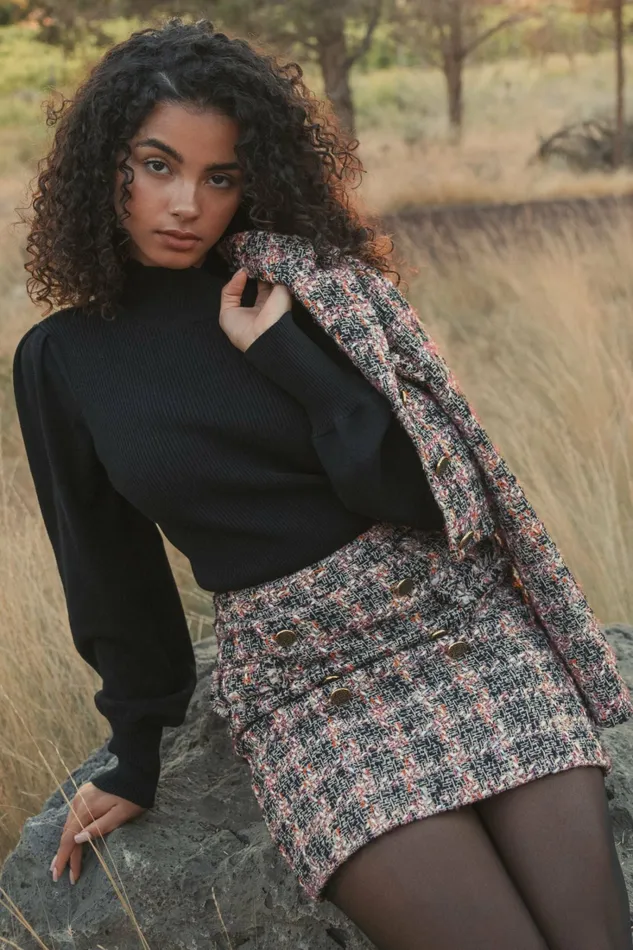 Women Knitwear Mac Duggal Black Ribbed Knit Balloon Sleeve Turtle Neck Sweater 8211 FINAL SALE Black