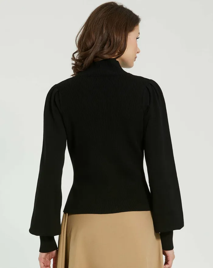 Women Knitwear Mac Duggal Black Ribbed Knit Balloon Sleeve Turtle Neck Sweater 8211 FINAL SALE Black