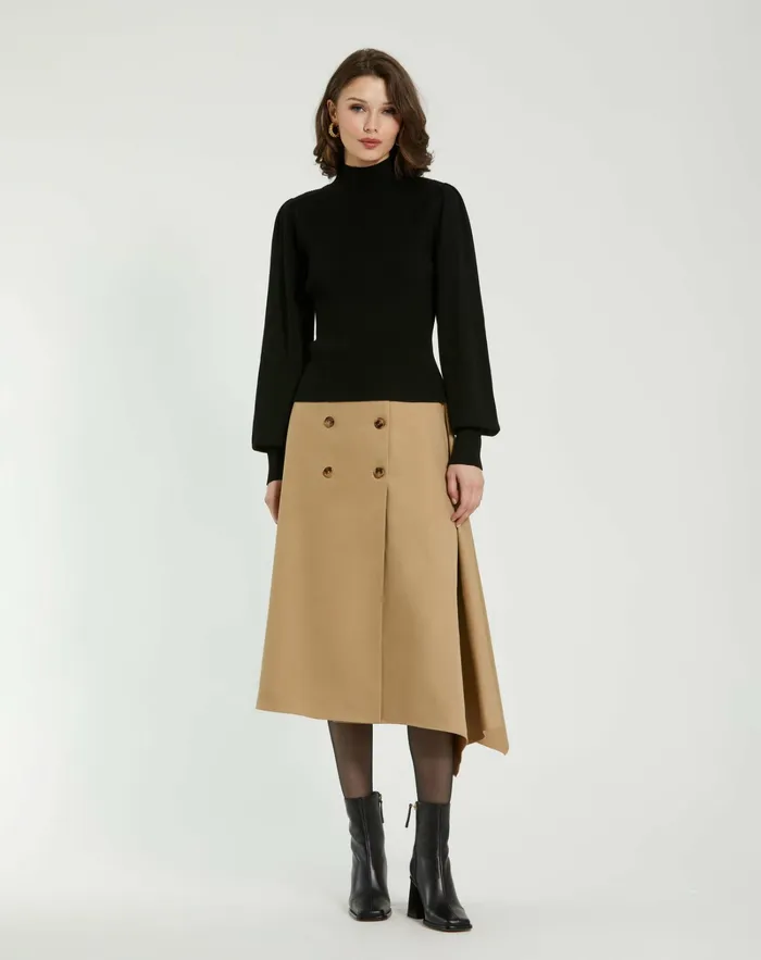Women Knitwear Mac Duggal Black Ribbed Knit Balloon Sleeve Turtle Neck Sweater 8211 FINAL SALE Black
