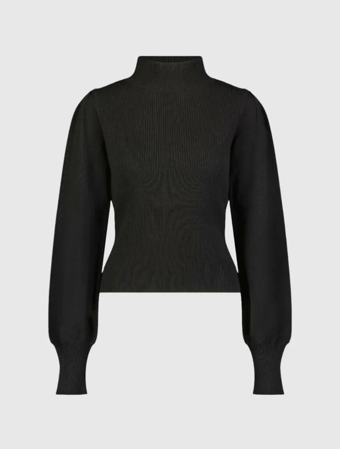 Women Knitwear Mac Duggal Black Ribbed Knit Balloon Sleeve Turtle Neck Sweater 8211 FINAL SALE Black