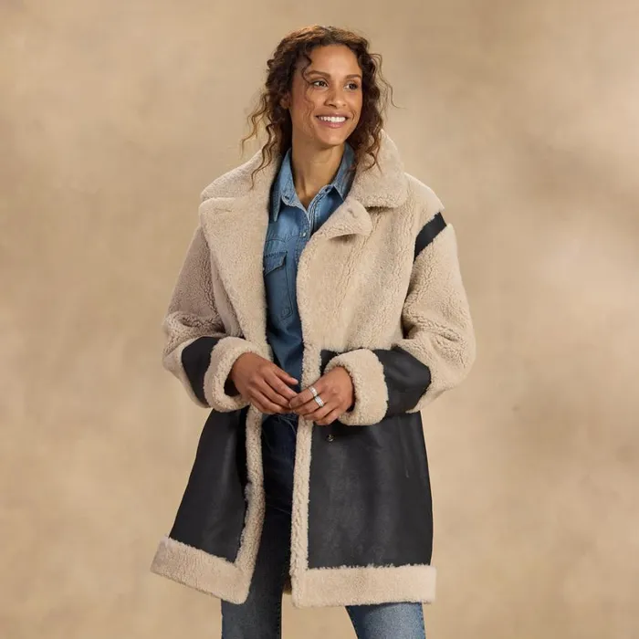 Women Lea Sofia Shearling Coat Black Tan Sundance Catalog Jackets and Coats Women Lea Sofia Shearling Coat Black Tan Sundance Catalog Jackets and Coats