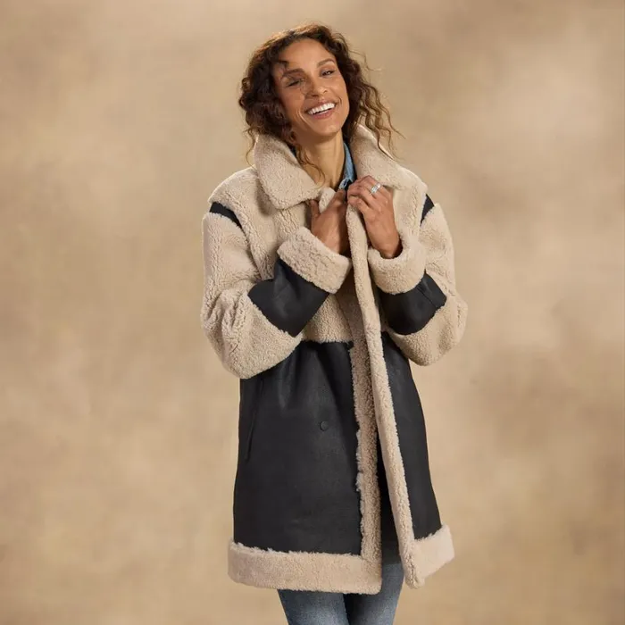 Women Lea Sofia Shearling Coat Black Tan Sundance Catalog Jackets and Coats Women Lea Sofia Shearling Coat Black Tan Sundance Catalog Jackets and Coats