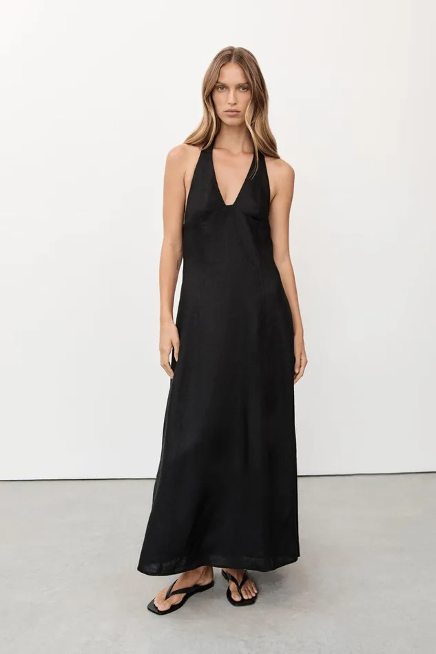 Women Linen Dresses DISSH AUDREY BLACK HALTER LINEN DRESS