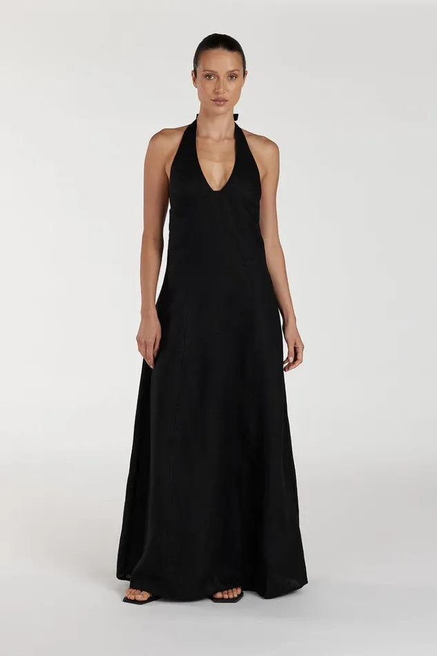 Women Linen Dresses DISSH AUDREY BLACK HALTER LINEN DRESS