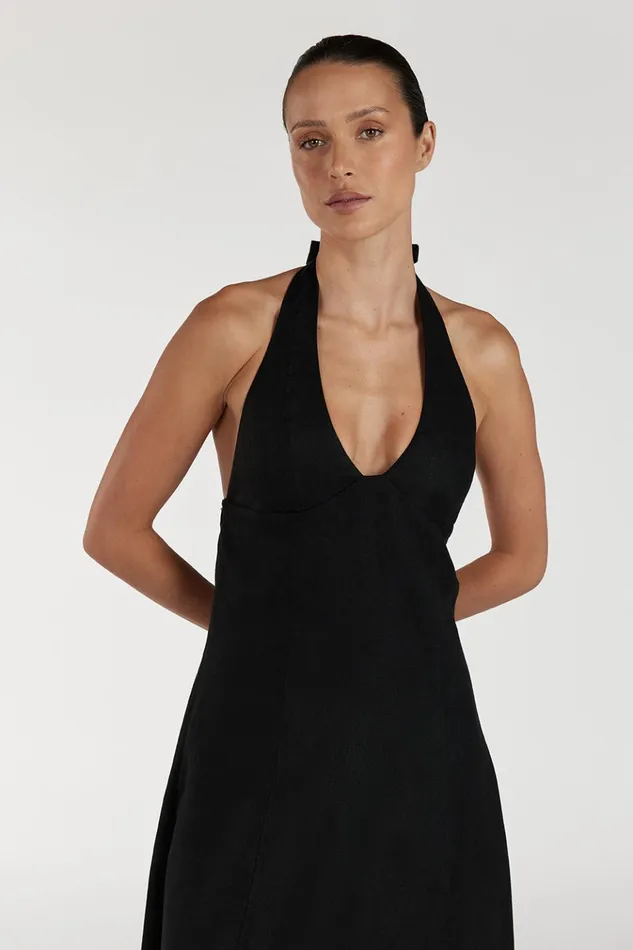 Women Linen Dresses DISSH AUDREY BLACK HALTER LINEN DRESS