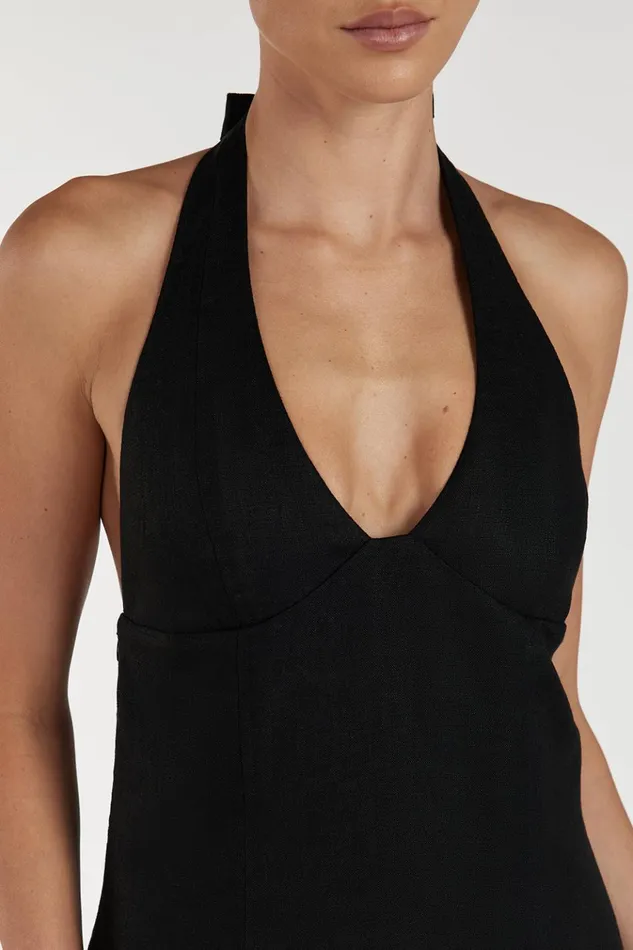 Women Linen Dresses DISSH AUDREY BLACK HALTER LINEN DRESS