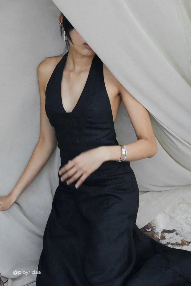 Women Linen Dresses DISSH AUDREY BLACK HALTER LINEN DRESS