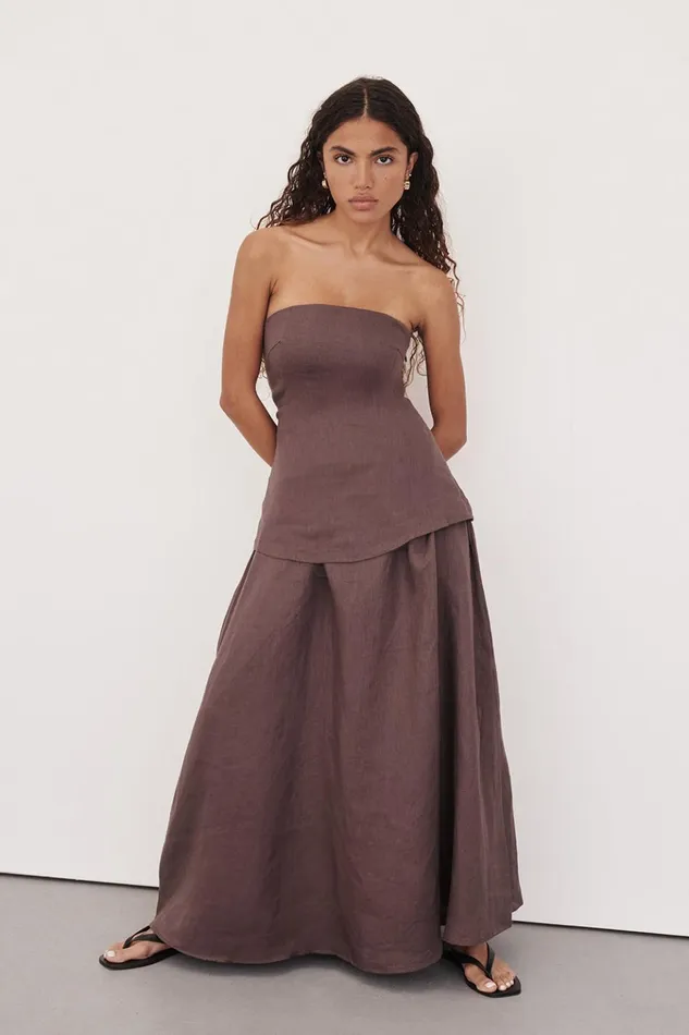Women Linen Dresses DISSH SASKIA CHOC LINEN STRAPLESS DRESS