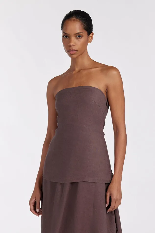 Women Linen Dresses DISSH SASKIA CHOC LINEN STRAPLESS DRESS