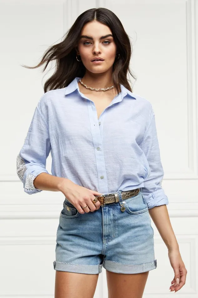 WomenLittle Shirts and Blouses Holland Cooper Oversized Cotton Lace Shirt Tick Stripe Sky Blue WomenLittle Shirts and Blouses Holland Cooper Oversized Cotton Lace Shirt Tick Stripe Sky Blue
