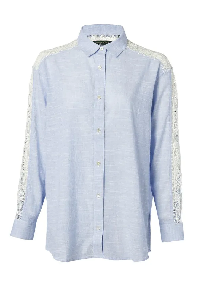 WomenLittle Shirts and Blouses Holland Cooper Oversized Cotton Lace Shirt Tick Stripe Sky Blue WomenLittle Shirts and Blouses Holland Cooper Oversized Cotton Lace Shirt Tick Stripe Sky Blue