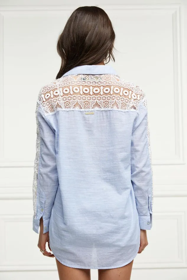 WomenLittle Shirts and Blouses Holland Cooper Oversized Cotton Lace Shirt Tick Stripe Sky Blue WomenLittle Shirts and Blouses Holland Cooper Oversized Cotton Lace Shirt Tick Stripe Sky Blue
