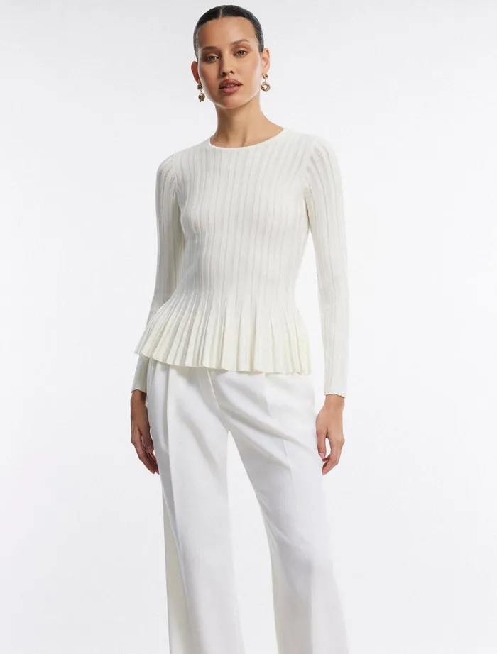 Women Long Sleeve Rib Peplum Knit Top Gardenia BCBG Tops