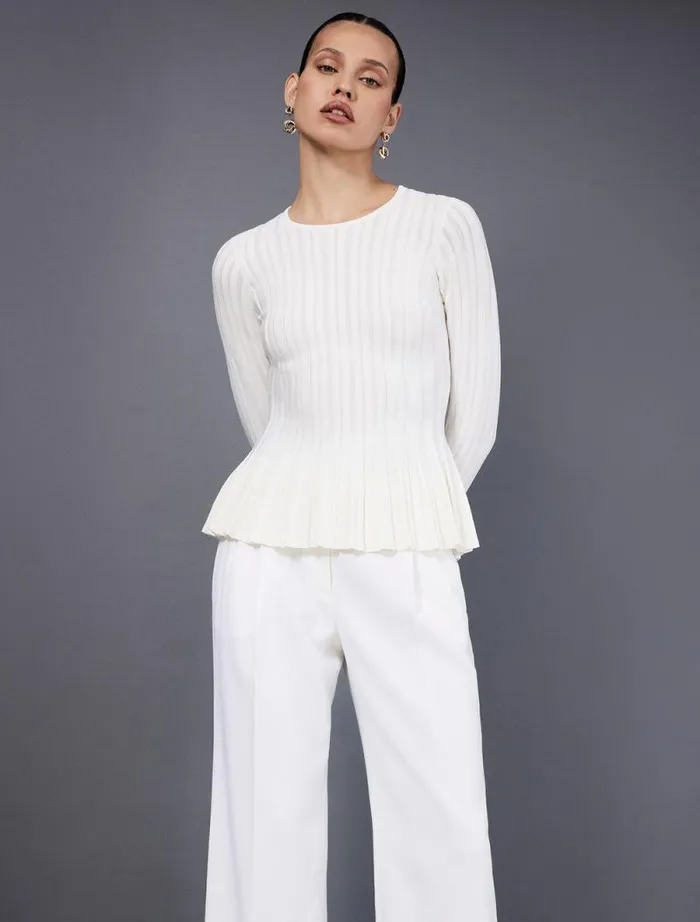 Women Long Sleeve Rib Peplum Knit Top Gardenia BCBG Tops Women Long Sleeve Rib Peplum Knit Top Gardenia BCBG Tops