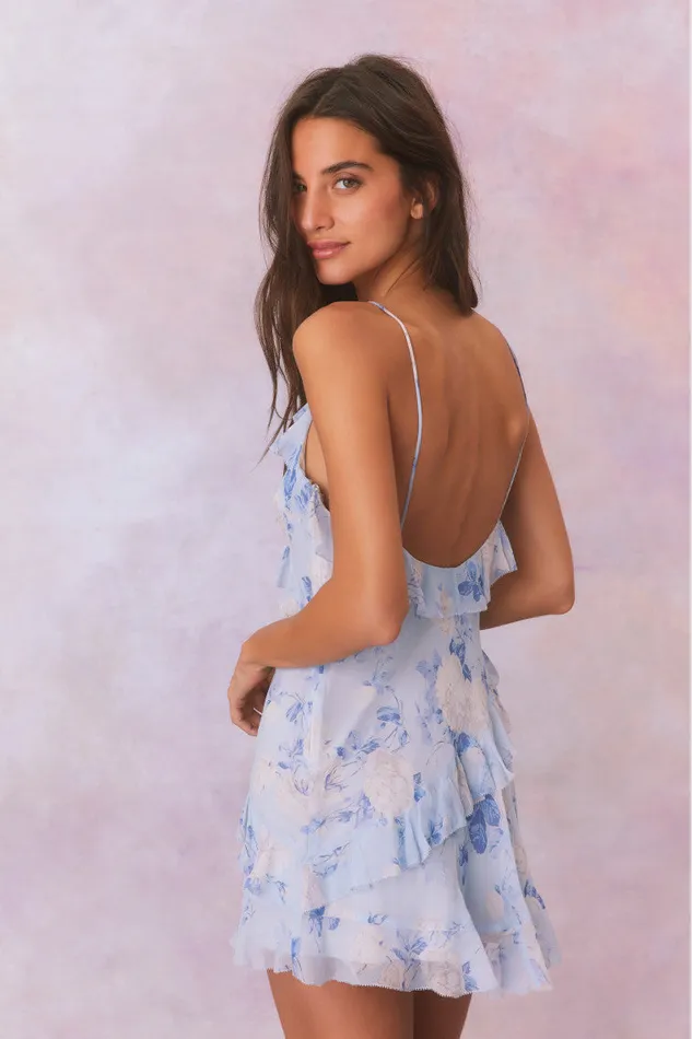 Women LoveShackFancy Dresses Lomina Fragrance Print Silk Mini Dress Whisper Blue
