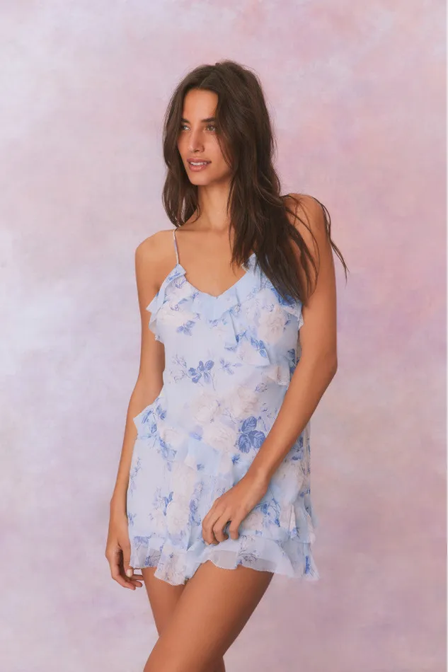Women LoveShackFancy Dresses Lomina Fragrance Print Silk Mini Dress Whisper Blue
