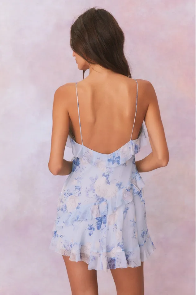 Women LoveShackFancy Dresses Lomina Fragrance Print Silk Mini Dress Whisper Blue