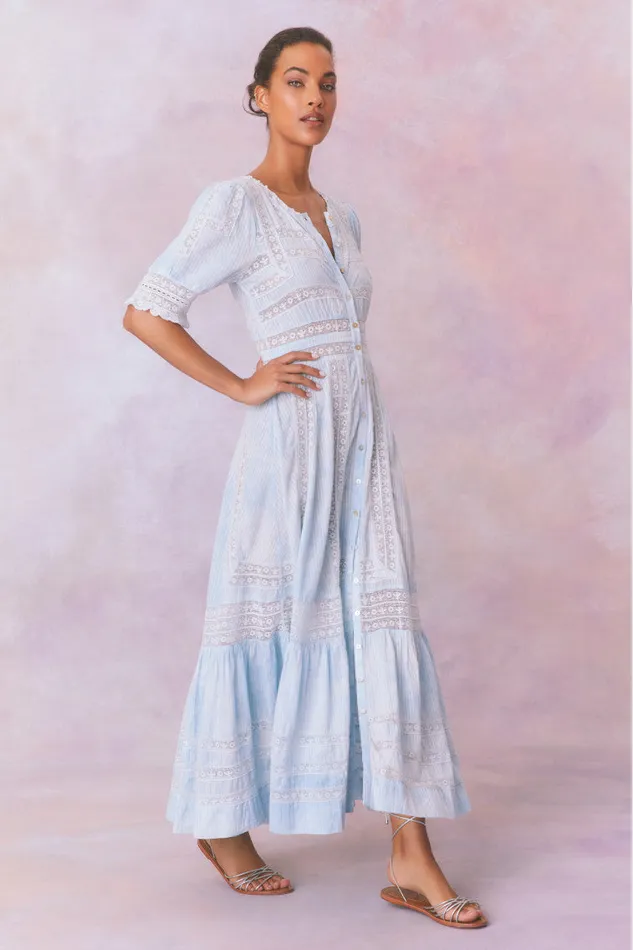 Women LoveShackFancy Dresses Minka Stripe Hand Dye Lace Maxi Dress Blue Hand Dye