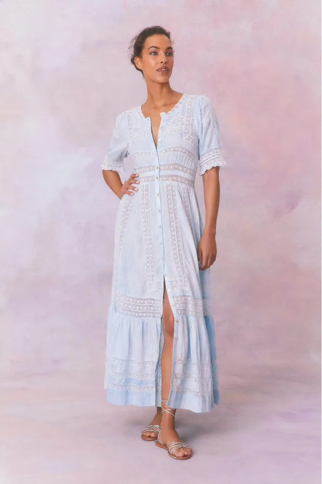 Women LoveShackFancy Dresses Minka Stripe Hand Dye Lace Maxi Dress Blue Hand Dye