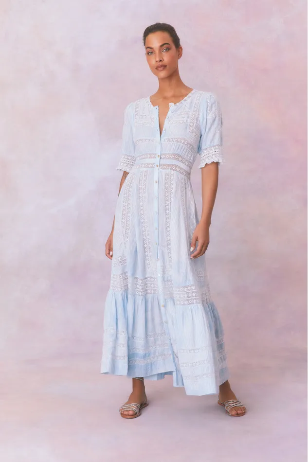 Women LoveShackFancy Dresses Minka Stripe Hand Dye Lace Maxi Dress Blue Hand Dye