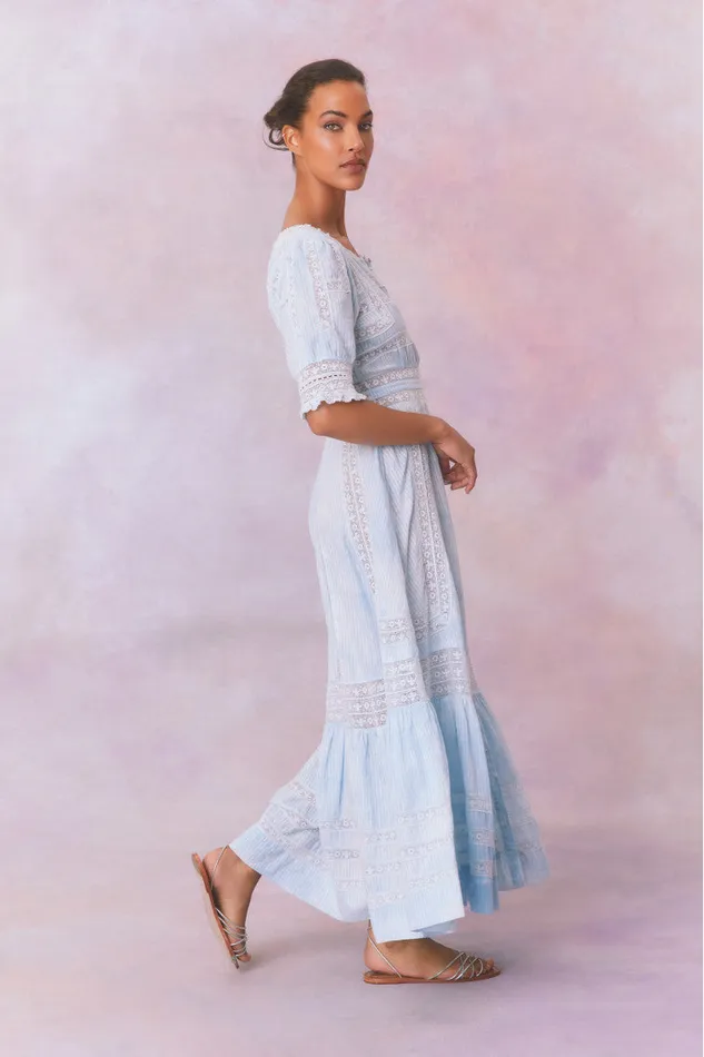 Women LoveShackFancy Dresses Minka Stripe Hand Dye Lace Maxi Dress Blue Hand Dye