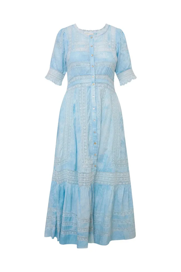 Women LoveShackFancy Dresses Minka Stripe Hand Dye Lace Maxi Dress Blue Hand Dye