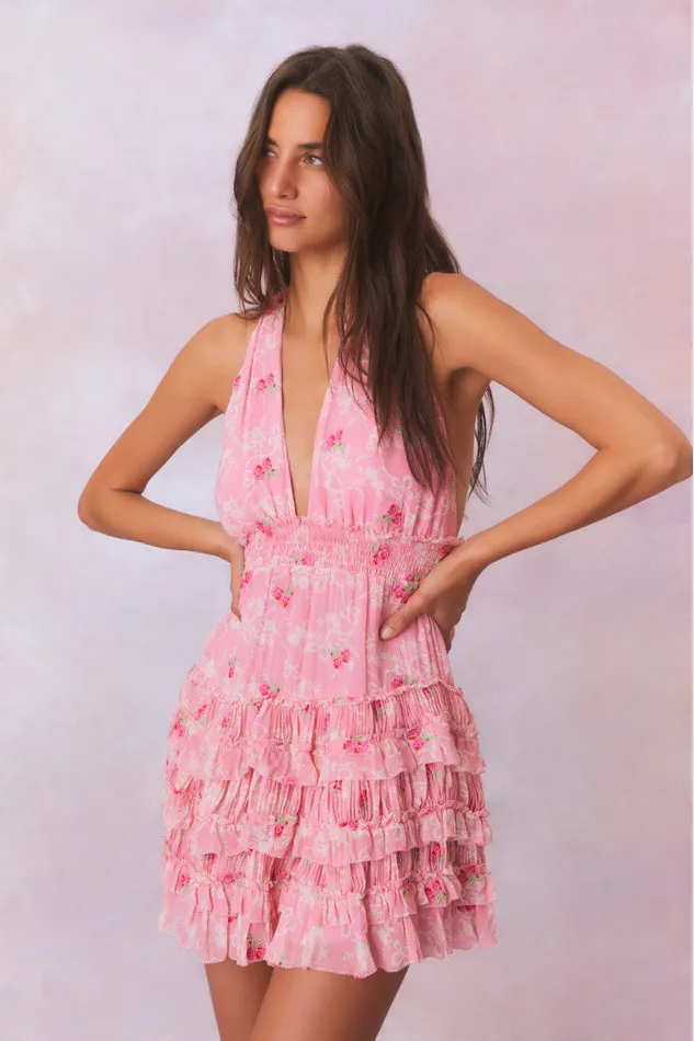 Women LoveShackFancy Dresses Quintelle Halter Floral Mini Dress Cherry Pink