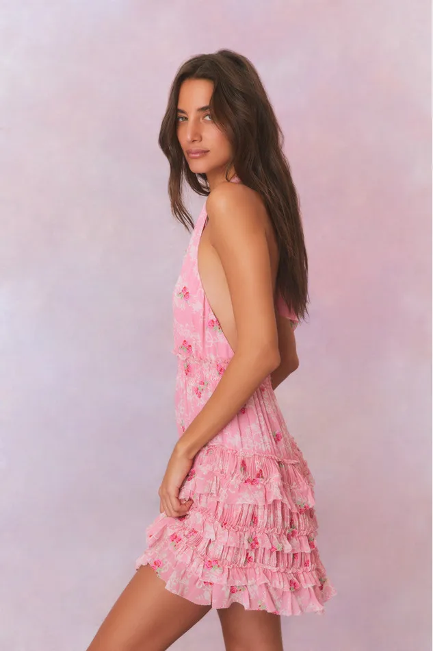 Women LoveShackFancy Dresses Quintelle Halter Floral Mini Dress Cherry Pink