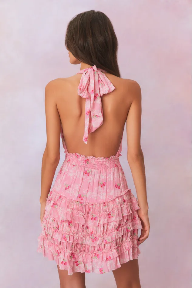Women LoveShackFancy Dresses Quintelle Halter Floral Mini Dress Cherry Pink