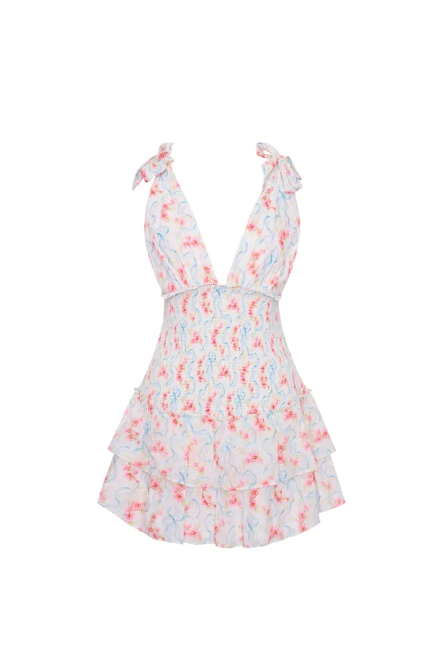 Women LoveShackFancy Dresses Rossi Cotton Floral Smocked Mini Dress White Multi