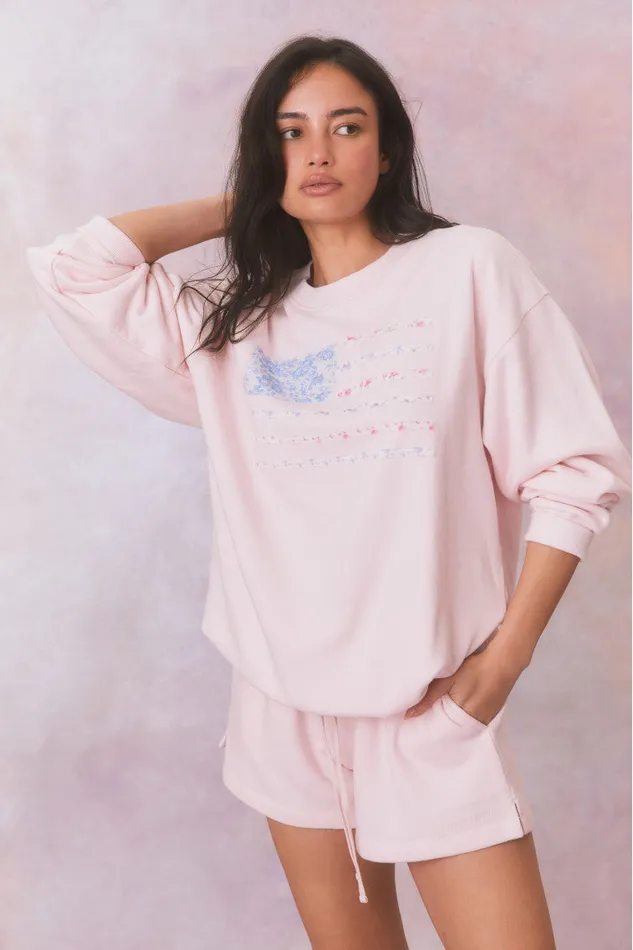 Women LoveShackFancy Pants and Shorts Zenaida Fleece Logo Shorts Wistful Pink