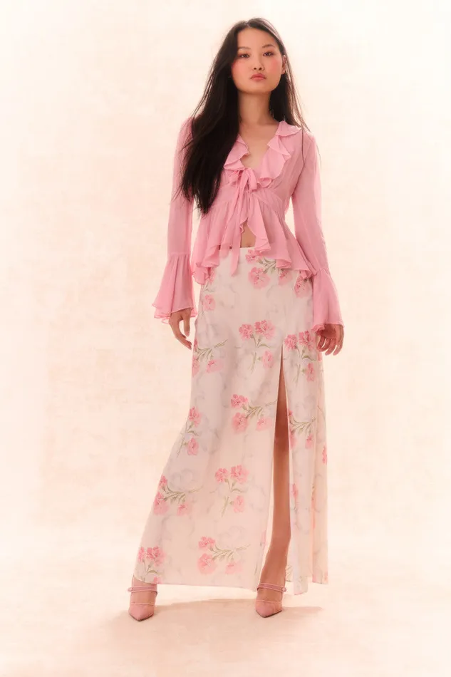 Women LoveShackFancy Skirts Connie Silk Floral Maxi Skirt Porcelain