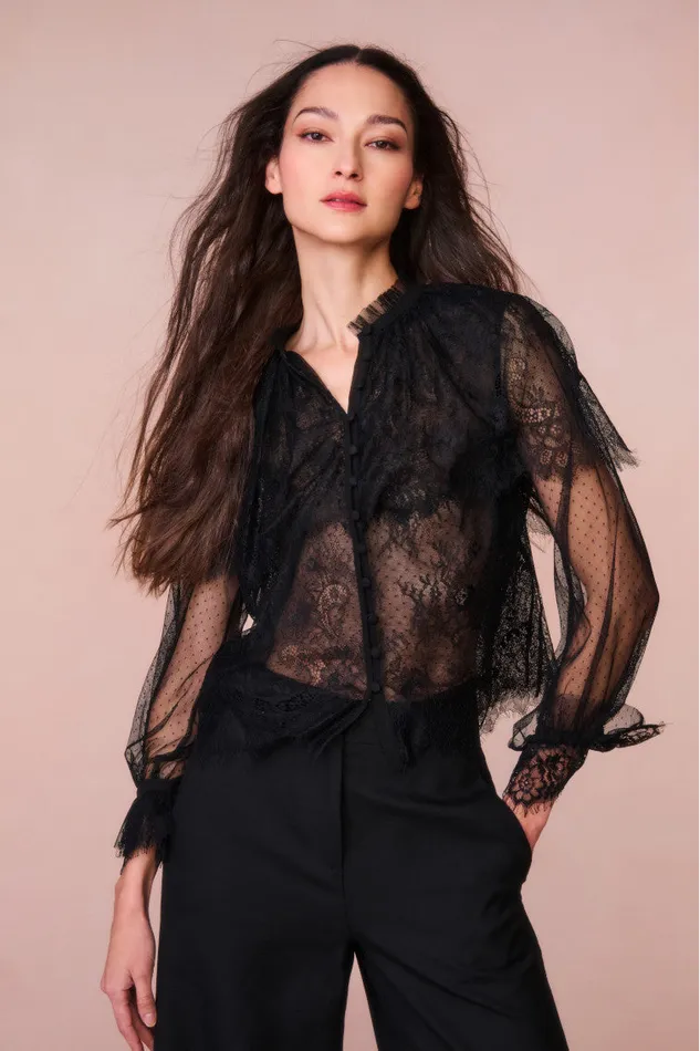 Women LoveShackFancy Tops Duquette Sheer Lace Top Black