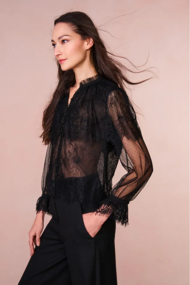 Women LoveShackFancy Tops Duquette Sheer Lace Top Black