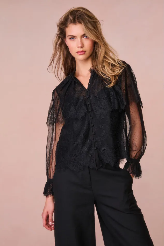 Women LoveShackFancy Tops Duquette Sheer Lace Top Black