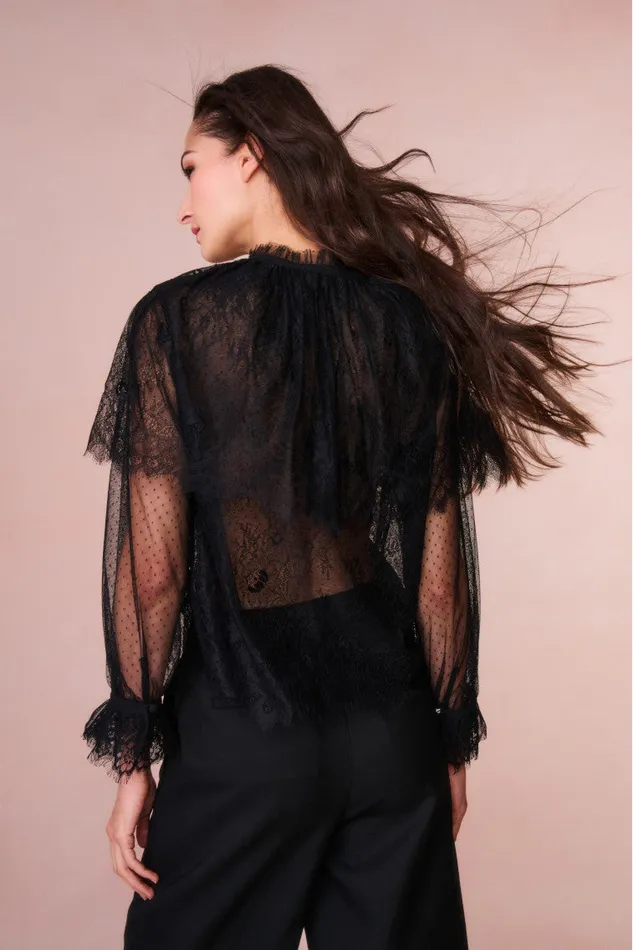 Women LoveShackFancy Tops Duquette Sheer Lace Top Black
