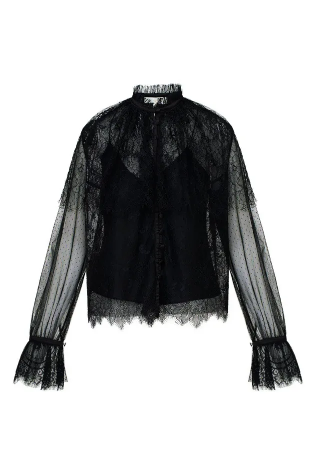 Women LoveShackFancy Tops Duquette Sheer Lace Top Black