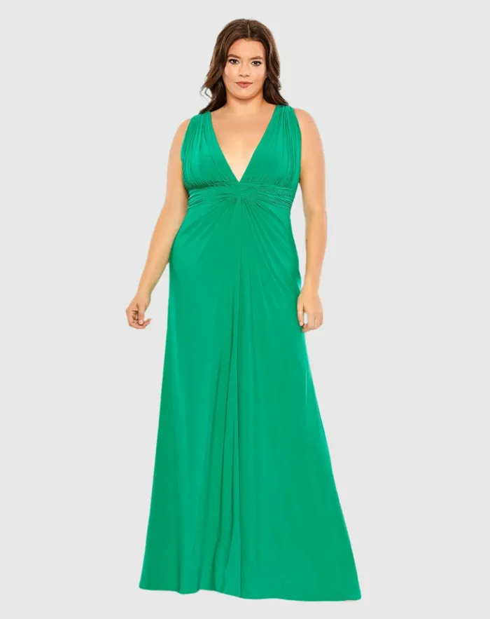 Women Mac Duggal Draped V Neck Sleeveless A Line Gown Jade Plus Size Dresses