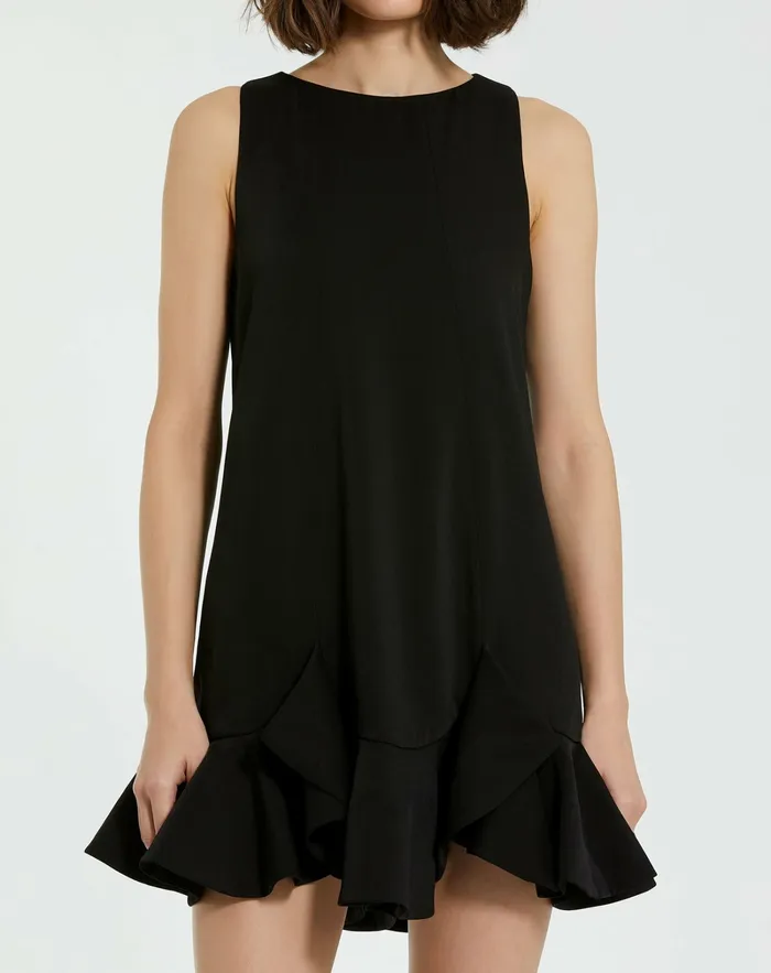 Women Mac Duggal The Mia High Neck Sleeveless Crepe Mini Dress With Ruffle Hem Black Every Day Dresses