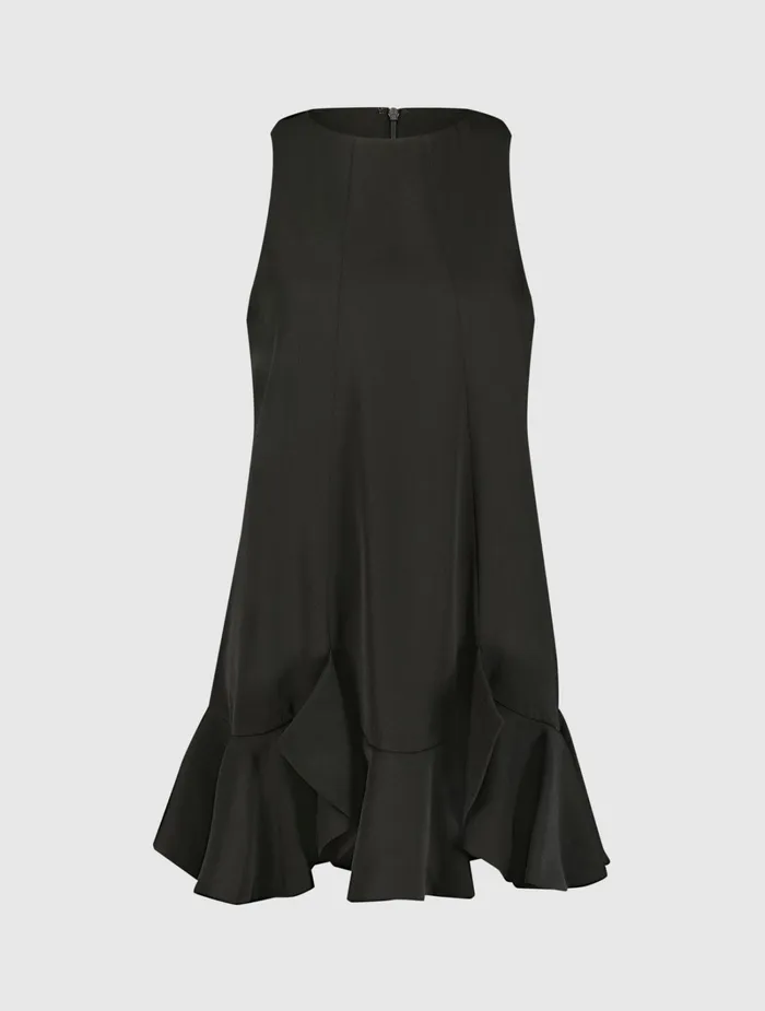 Women Mac Duggal The Mia High Neck Sleeveless Crepe Mini Dress With Ruffle Hem Black Every Day Dresses