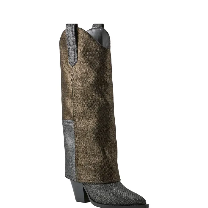 Women Marc Fisher Casual Boots Harlo Foldover Western Boot Black Metallic Denim