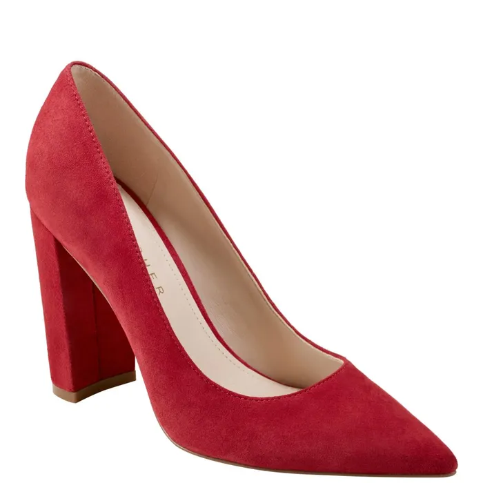 Women Marc Fisher Heels and Pumps Abilene Block Heel Pointy Toe Pump Medium Red Suede