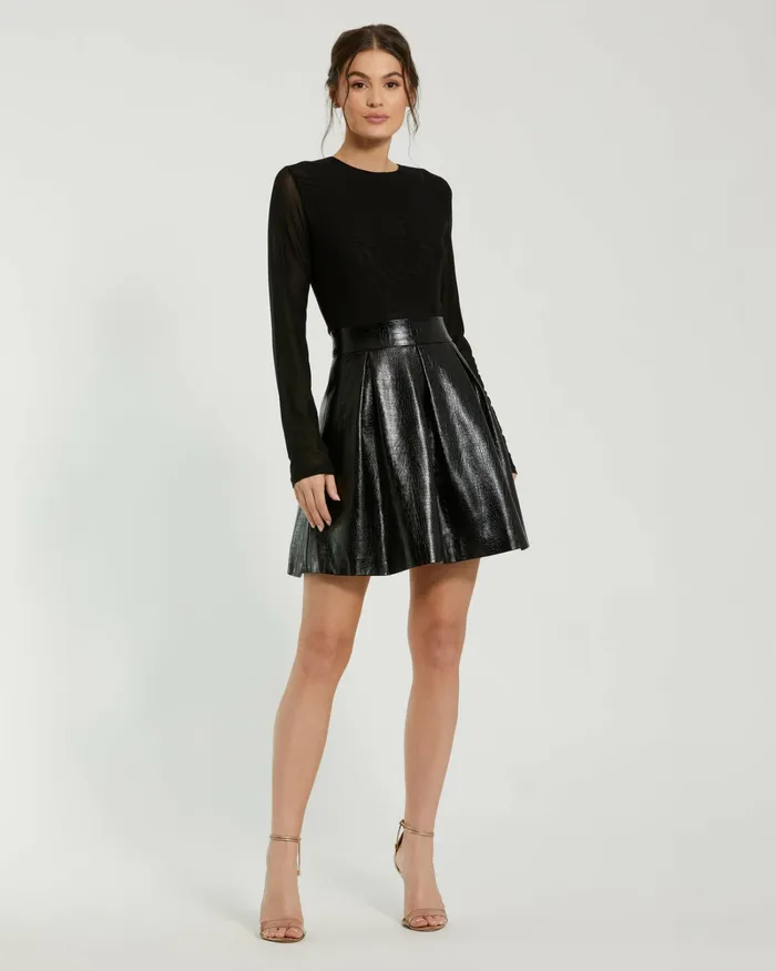 Women Mesh And Leather Long Sleeve A Line Mini Dress Black Best Sellers Mac Duggal Women Mesh And Leather Long Sleeve A Line Mini Dress Black Best Sellers Mac Duggal