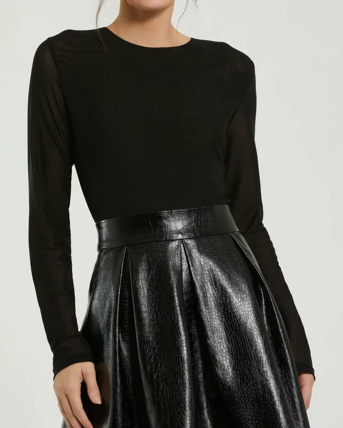 Women Mesh And Leather Long Sleeve A Line Mini Dress Black Best Sellers Mac Duggal