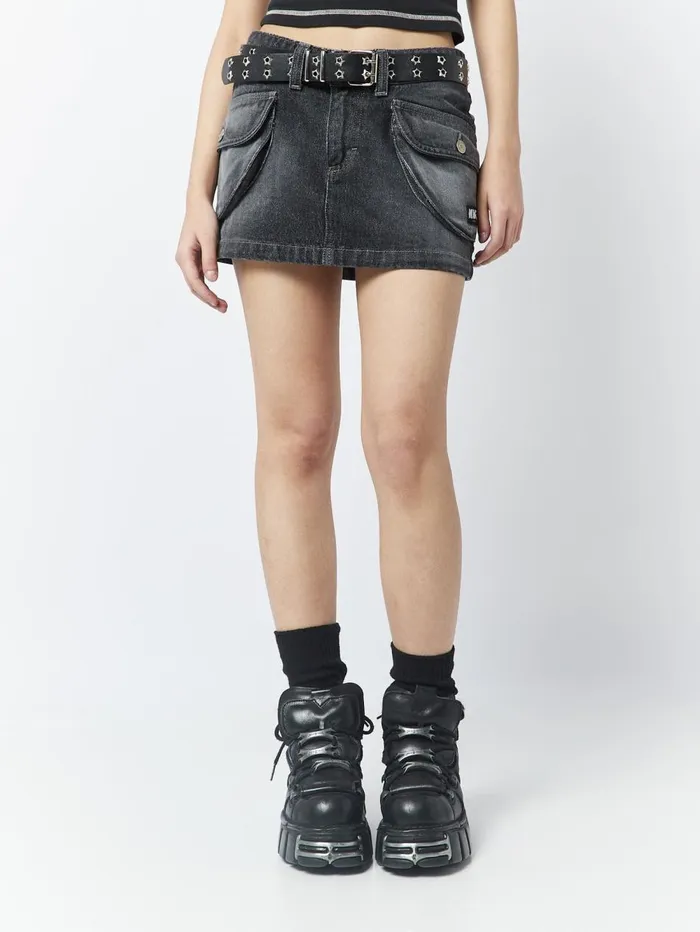 Women Minga London Bottoms Ashley Washed Black Mini Cargo Skirt