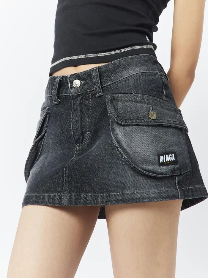 Women Minga London Bottoms Ashley Washed Black Mini Cargo Skirt