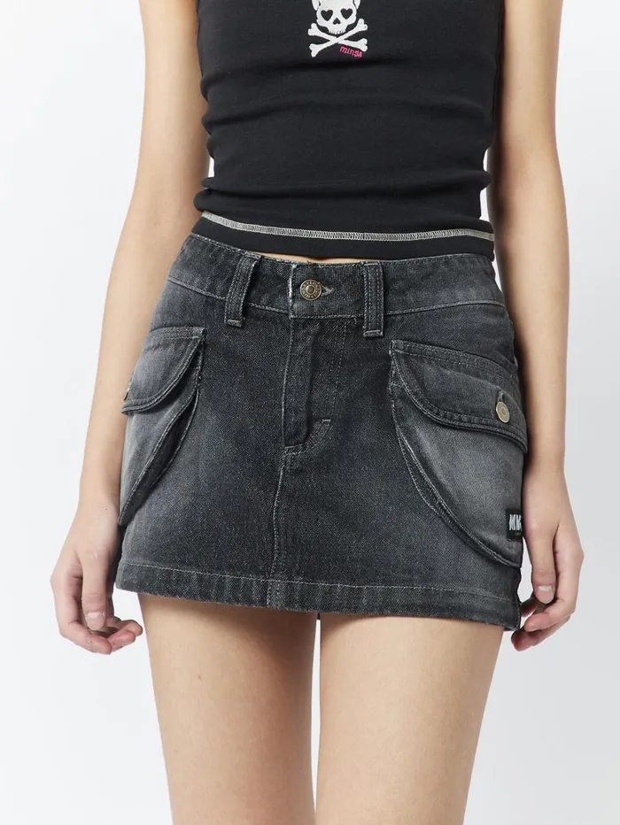 Women Minga London Bottoms Ashley Washed Black Mini Cargo Skirt