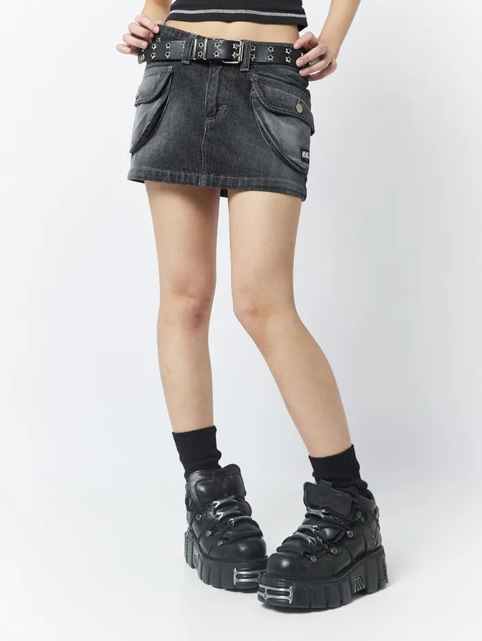 Women Minga London Bottoms Ashley Washed Black Mini Cargo Skirt