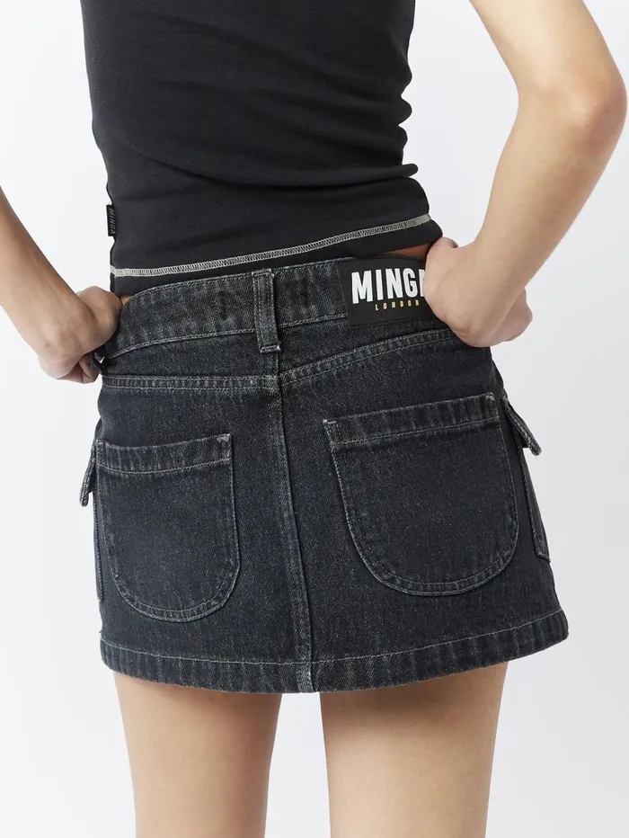 Women Minga London Bottoms Ashley Washed Black Mini Cargo Skirt